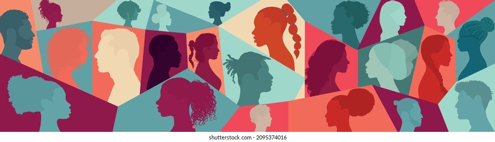 Silhouette profile group of men and women of diverse cultures. Diversity multi-ethnic people. Concept of racial equality and anti-racism. Multicultural and multiethnic society. Friendship