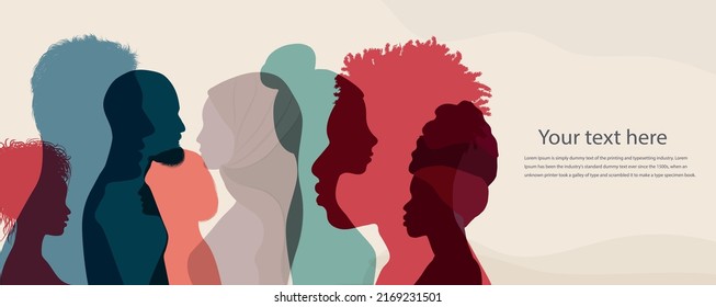 Grupo de perfil de silueta de hombres y mujeres de diversas culturas. Diversidad multiétnica. Concepto de igualdad racial y antirracismoSociedad multicultural y multirracial. Espacio de copia de banners