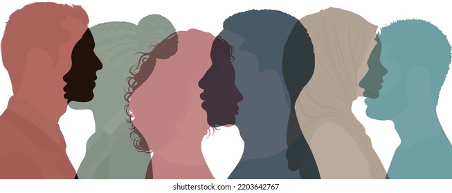 Grupo de perfil de silueta de hombres y mujeres de diversas culturas. Diversidad multicultural. Concepto de igualdad racial y antirracismo. Sociedad multiétnica y multirracial. Amistad