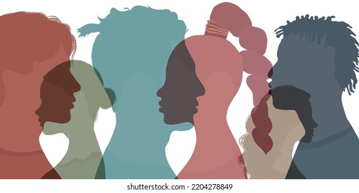 Silhouette profile group of men and women of diverse cultures. Diversity multicultural people. Concept of racial equality and anti-racism. Multiethnic and multiracial community.Friendship