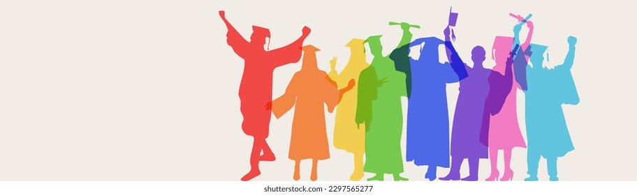 Silhouette profile group men and women students of diverse cultures. Diversity happy, pride people. Concept of racial equality, multicultural and multiracial society. Rainbow colors.

