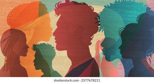 Silhouette profile group of men and women of diverse culture. Diversity equality inclusion. Multicultural people