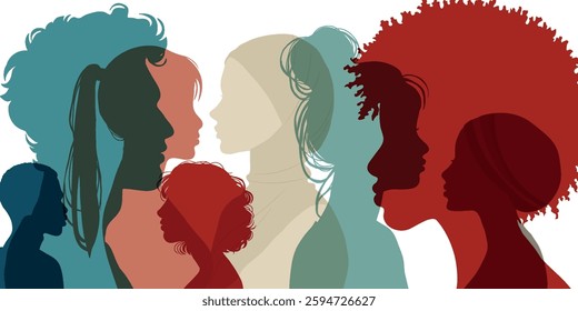 Silhouette profile group of men and women of diverse culture. Diversity equality inclusion. Multicultural people. DEIB
