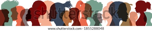 Silhouette profile group of men and women of\
diverse cultures. Diversity multi-ethnic people. Concept of racial\
equality and anti-racism. Multicultural and multiracial society.\
Friendship