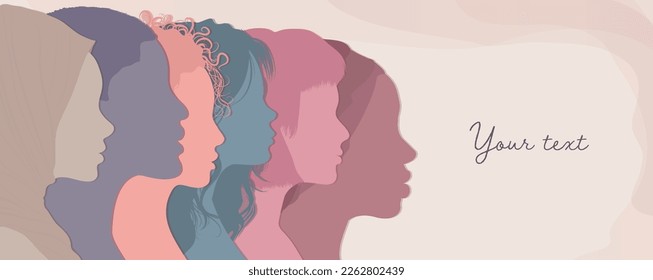 Silhouette profile group of multicultural women. International Women s day. Female social community of diverse culture. Colleagues. Racial equality.  Empowerment. Banner poster copy space