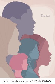 Silhouette Profil Gruppe der multikulturellen Frauen. Internationaler Frauentag. Weibliche soziale Gemeinschaft unterschiedlicher Kultur. Liebe Kolleginnen und Kollegen! Rassengleichheit. Empowerment.Feminismus. Poster-Kopienraum