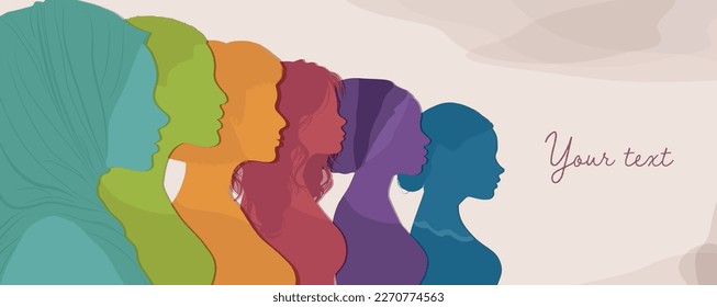 Silhouette profile group of multicultural women. International Women's day. Female social community of diverse culture. Colleagues. Racial equality. Banner poster copy space. Empowerment