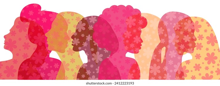 Silhouette profile Group of Women different race and ethnicity in different shades of pink banner, women's Day, diversity concept	