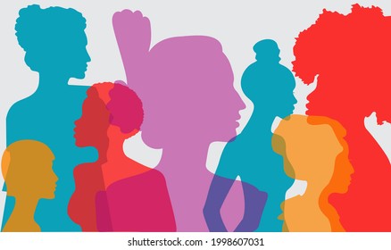 Silhouette Profile Group Of Women Of Diverse Culture. Diversity Multi-ethnic And Multiracial People. Racial Equality, Anti-racism. Multicultural Society. The Concept Of Women, Femininity, Diversity.