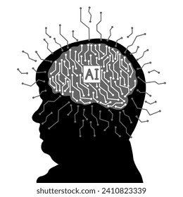Silhouette of profile head man with artificial intelligence brain. Vector illustration