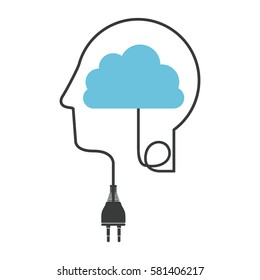 silhouette profile human head with plug connector and cloud vector illustration