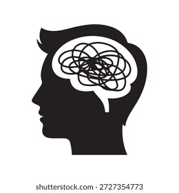 Perfil de silueta de una cabeza humana con un enredado caótico lío de líneas garabateadas que representan una mente confundida, agobiada o estresada que simboliza las luchas de salud mental, ansiedad y cognitivas