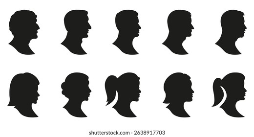Silhouette Profile Icons Set. Male And Female Head Silhouettes Collection. Diverse Human Profiles For Avatar, Identity, And Social Media Use. Isolated Vector Illustration.