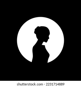 Silhouette profile image of female avatar for social networks with half circle. Fashion and beauty. Black white vector illustration.