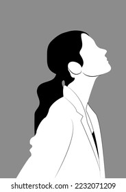 Silhouette profile image of female avatar for social networks. Fashion and beauty. Black white vector flat illustration.