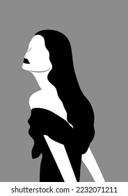 Silhouette profile image of female avatar for social networks. Fashion and beauty. Black white vector flat illustration.
