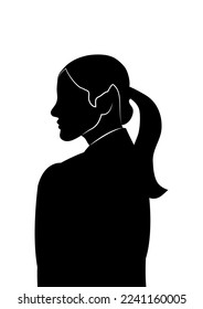 Silhouette profile image of female avatar for social networks. Fashion and beauty. Black white vector flat illustration.