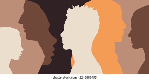 Silhouette profile of multiethnic and multicultural people. Adults, children, teenagers, relationships within the family.