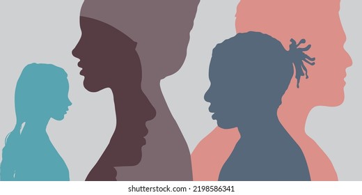 Perfil de silueta de personas multiétnicas. Empoderamiento, concepto de igualdad racial. Ilustración vectorial.