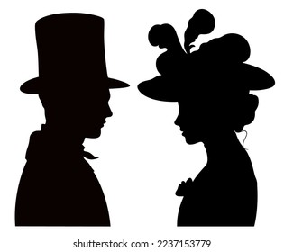 Silhouette profile portrait of victorian woman and man facing each other. Young couple eye to eye in historical clothing. 
