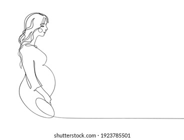 Silhouette and profile of a pregnant woman, one line drawing. Pregnancy minimalist sketch, mom with tummy side view. Aesthetic vector illustration in modern graphic design.