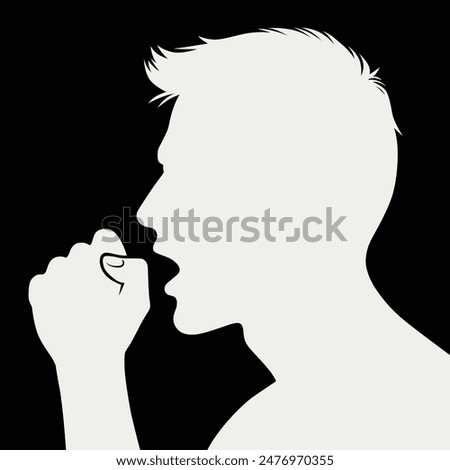 Silhouette profile of a sick man coughing into his hand.