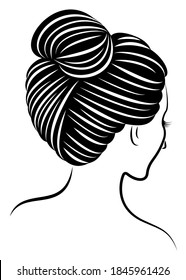 Silhouette of a profile of a sweet lady's head. The girl shows a female hairstyle on medium and long hair. Suitable for logo, advertising. Vector illustration.