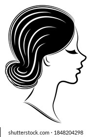 Silhouette of a profile of a sweet lady's head. The girl shows a female hairstyle on medium and long hair. Suitable for logo, advertising. Vector illustration.