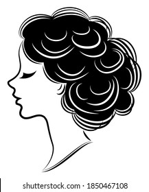 Silhouette of a profile of a sweet lady's head. The girl shows a female hairstyle on medium and long hair. Suitable for logo, advertising. Vector illustration.