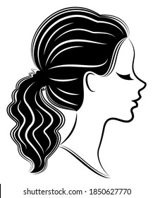 Silhouette of a profile of a sweet lady's head. A girl shows a female tail-hairstyle on medium and long hair. Suitable for logo, advertising. Vector illustration.