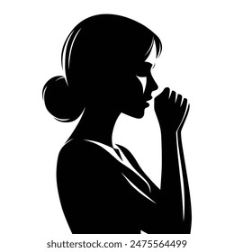 Silhouette profile of a woman coughing with her hand covering her mouth.