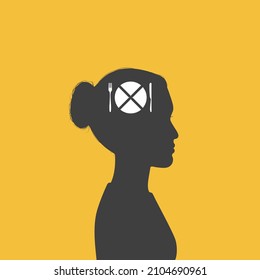 Silhouette profile of woman with crossed out plate in her head - metaphor of eating disorders. Poster of anorexia nervosa, bulimia and other eating disorders.