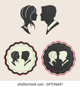 Silhouette profile of a young couple in frames. Wedding, engagement and save the date icons set and template of a man and woman in love. Collection of vector design elements. 