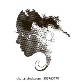 Silhouette of a profile of a young woman with abstract hair.