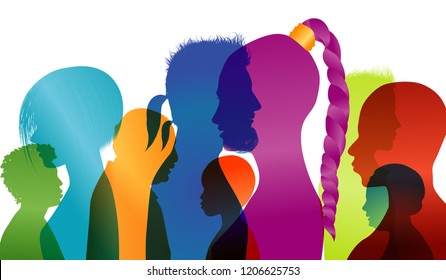 Silhouette profiles of multiracial people. Group of people of different ages and nationalities. Intercontinental dialogue. Multiple exposure vector