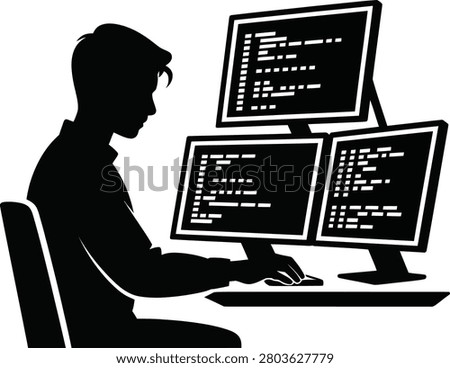 Silhouette of a programmer working at a desk with three computer monitors displaying lines of code
