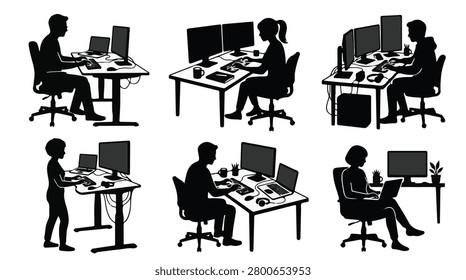 Silhouette of programmer working on laptop at desk