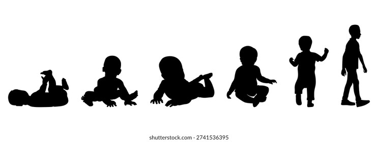 Silhouette progression of baby development from birth to toddlerhood showing crawling sitting standing and walking milestones growth stages