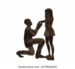 Silhouette of a Proposal: A man kneeling to propose to a woman, symbolizing deep love and commitment.