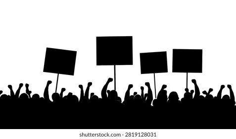 Silhouette of protest crowd holding signs and raising fists. Demonstrating, activism, social issue. Group marching, demanding change. Solidarity, unity, power. Public gathering, resistance.