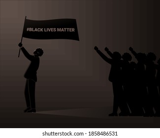 Silhouette Of Protesters Carrying Flags. Protest Againts Racial Inequality And Injustice. Black Lives Matter. No Racism. Illustration Vector