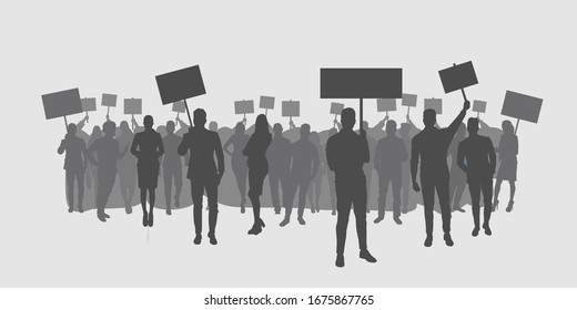 silhouette of protesters crowd holding protest posters men women with blank vote placards demonstration speech political freedom concept horizontal full length vector illustration