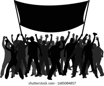 silhouette of protesters with flag