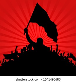 silhouette of protesters with flags on red background