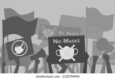 Silhouette Protesters Hand Holding Loudspeaker, Banner And Flag. Protest No Mask On Covid 19 Situation. Vector Illustration Eps10.