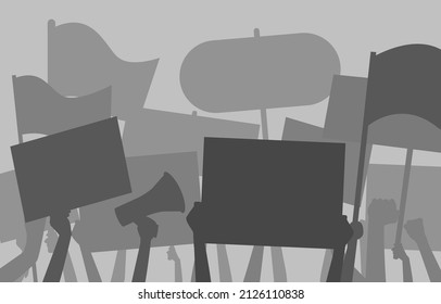 Silhouette protesters hand holding loudspeaker, banner and flag. Illustration strike political protest. Vector illustration Eps10.