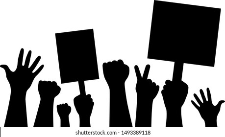 Silhouette of protesters showing clenched fists, hands in the air and sign boards. Isolated on white.