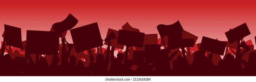 Silhouette of a protesting crowd with flags and banners. Appeal to representatives of state power, change in the political situation. Vector