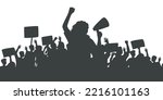 Silhouette of protesting crowd of people with raised hands and banners. Woman with loudspeaker. Peaceful protest for human rights. Demonstration, rally, strike, revolution. Isolated vector illustration