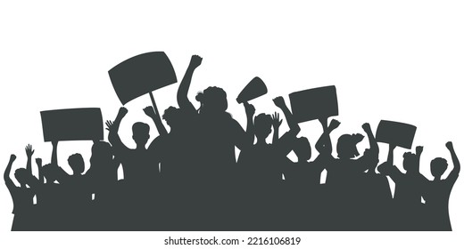 Silhouette of protesting crowd of people with raised hands and banners. Sports fan club. Peaceful protest for human rights. Demonstration, rally, strike, revolution, riot. Isolated vector illustration